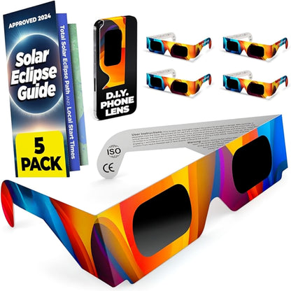 Solar Eclipse Glasses AAS Approved 2024 (5 pack) CE and ISO Certified Safe Shades for Direct Sun Viewing