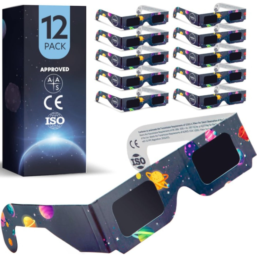 Solar Eclipse Glasses (12 pack) CE and ISO Certified, Safe Shades for Direct Sun Viewing 2024 Approved